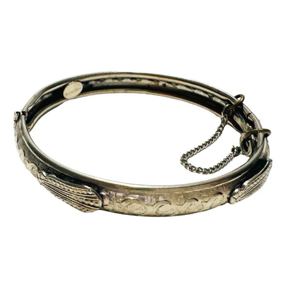 FREIRICH Silver Hinged Bangle Bracelet Swirl Pattern With Leaves & Safety Chain - Picture 3 of 8